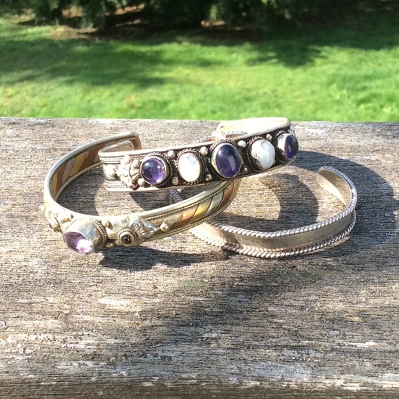 Jewelry - 3 Vintage Brass, Silver & Copper Cuff Bracelets